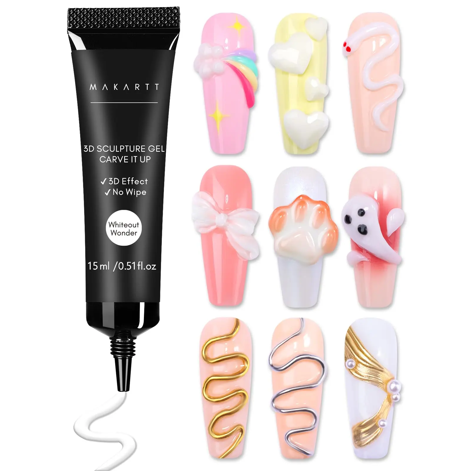 Makartt 3D Nail Gel Sculpting Gel Molding Glue for Nail Art, 15g White Candy Craving Gel No Wipe Embossed Gel Polish Rhinestone Nails Charm Glue Decoration Manicure Designs (Whiteout Wonder)