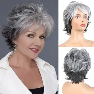 Elegant Synthetic Full Machine Wig with Silver Gradient, Men's Classic Grey and White Hair Wig with Gradual Color Change and Women's Short Roll Chemical Fiber Hood