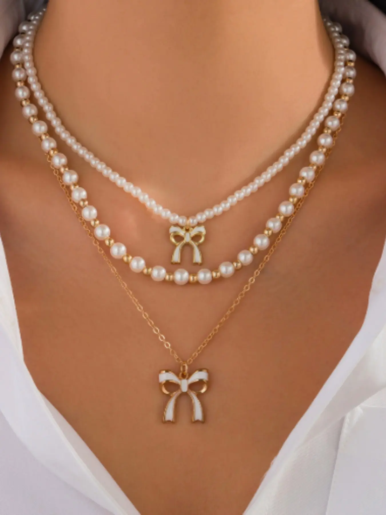 European and American Style Beaded Necklace, Cute Elegant Pearl Bowknot Decorated Pendant, Faux Pearl Collar Chain, High-End Jewelry for Women