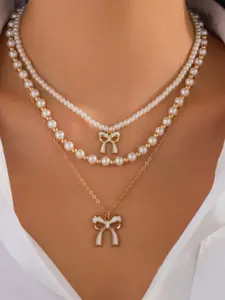 European and American Style Beaded Necklace, Cute Elegant Pearl Bowknot Decorated Pendant, Faux Pearl Collar Chain, High-End Jewelry for Women