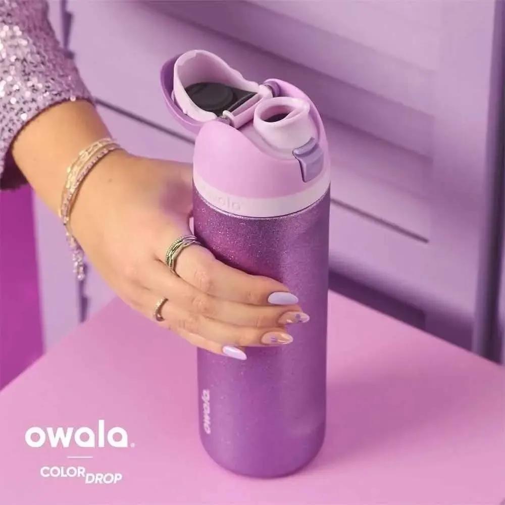 Owala Purple Glitter 32oz Insulated Water Bottle Model Leak Proof BPA Free Double Wall Built In Straw Stylish Sparkle Design Travel Gym Hydration