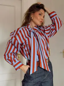Women's Spring Summer Fashion Vintage Striped Shirt Blouse, Long Sleeve High Neck Bow Tie, Asymmetrical Hem Single Button Loose Top