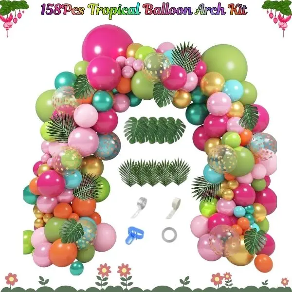 158Pcs Tropical Balloon Arch Kit Hawaiian Luau Party Decorations Flamingo Palm Leaves Balloons Summer Beach Birthday Baby Shower Supplies Rose Gold Confetti Decor