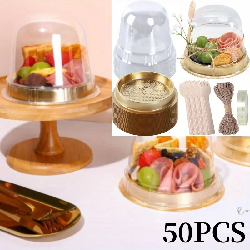 50 Pack Charcuterie Cups with Lids Set, Clear Plastic Cupcake Container Appetizer Disposable Wooden Forks and Rope for Summer Bridal Shower Wedding Birthday Event Dessert Display