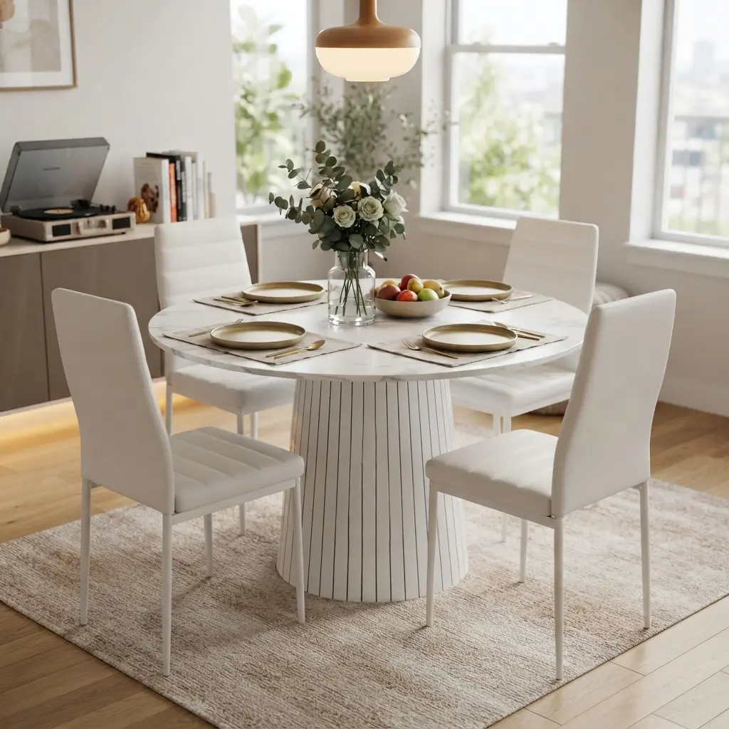 Boho 5-Piece Round Dining Table Set - 47in Marble Veneer Table, 4 White PU Leather Ergonomic Chairs, Durable Waterproof Modern Farmhouse Indoor Furniture, Assembly Required for Dining Room, Apartment