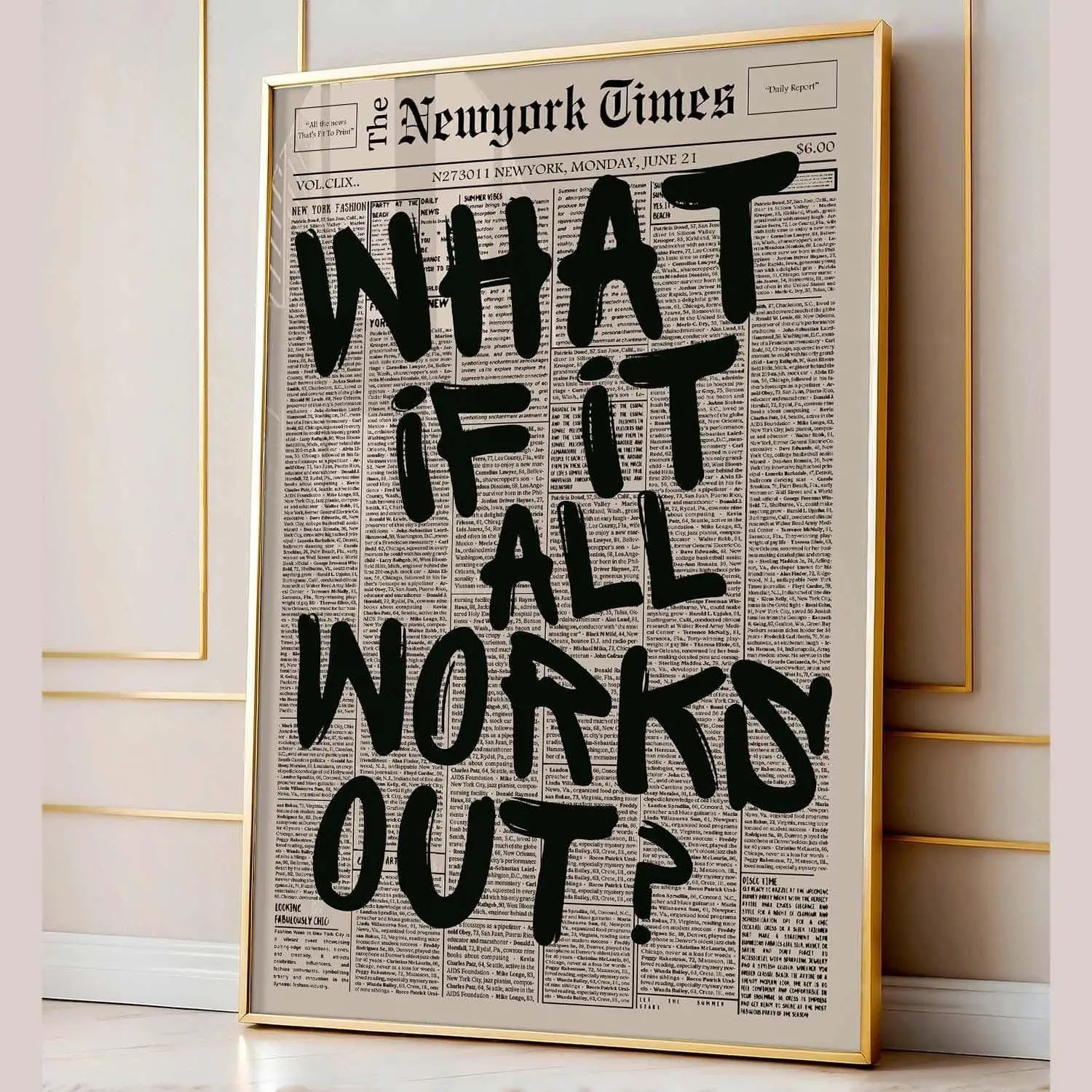 [Unframe Poster] Retro What If It All Works Out Newspaper Print, Typography Poster, Trendy Wall Art, Motivational Poster, Digital Print, What If Poster Print