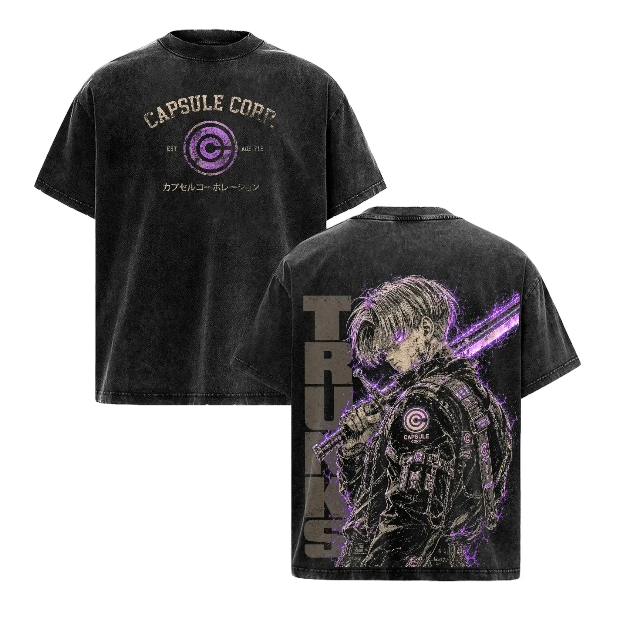 Vintage Washed Future Trunks Anime Graphic Tee Heavy Cotton Oversized Shirt Capsule Corp Saiyan Warrior Streetwear T-Shirt Unisex Apparel Perfect Gift for DBZ Fans & Anime Lovers Y2K Japanese Manga Clothing Casual Retro Faded Graphic Top Trending Style