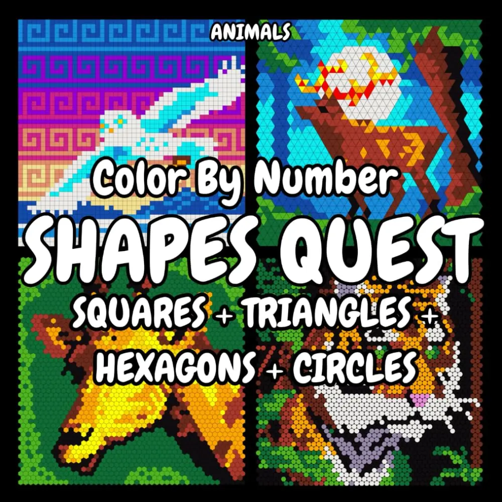 SHAPES ANIMAL QUEST Color By Number: Squares + Triangles + Hexagons + Circles:Color activity quest book for adults (BLACK Background) mystery mosaic (Color ByNumber Shapes Quest)