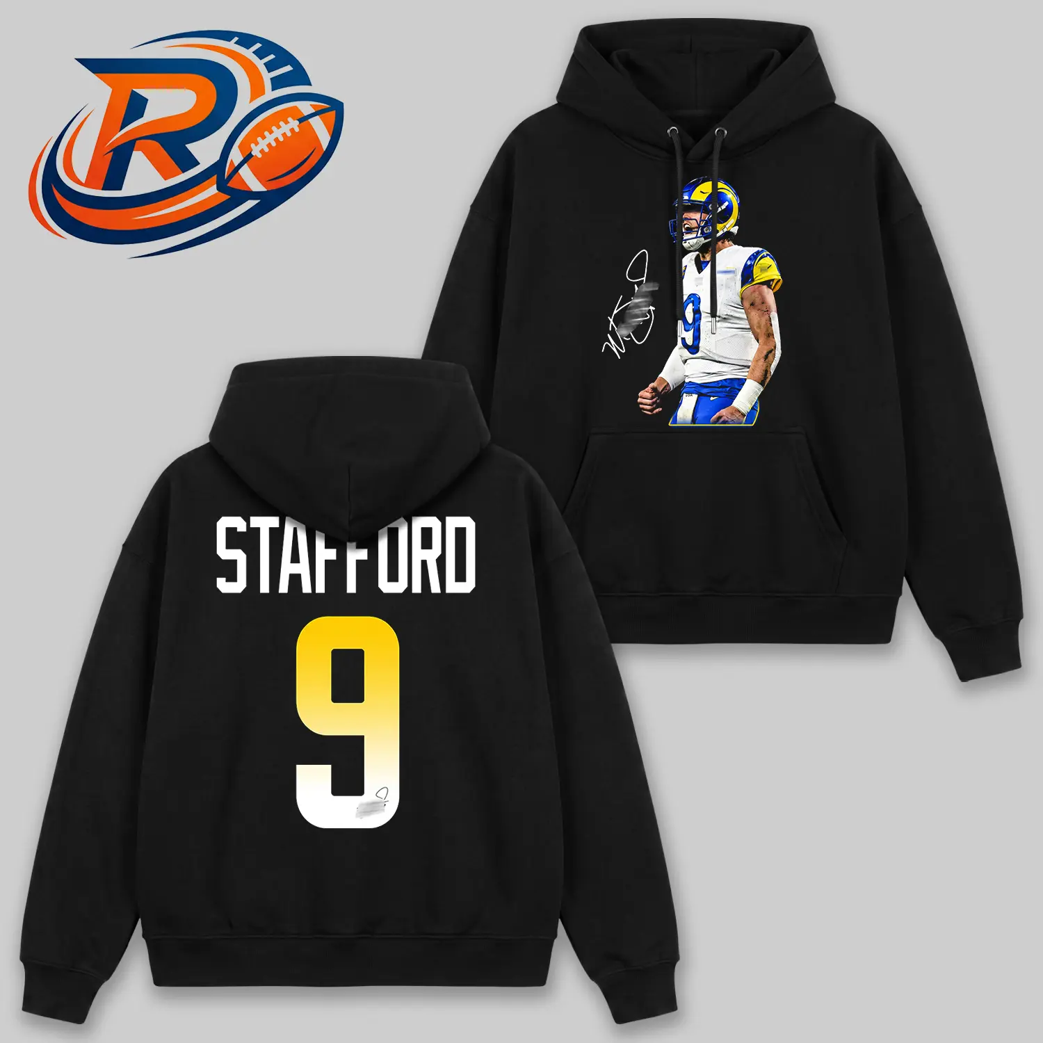 Matthew Stafford #9 Football Hoodie, Rams Quarterback Graphic Hoodie, Stafford Player Name & Number Sweatshirt, Vintage Football Fan Apparel, Game Day Streetwear, Retro Sports Graphic Hoodie, Gift for Football Fans