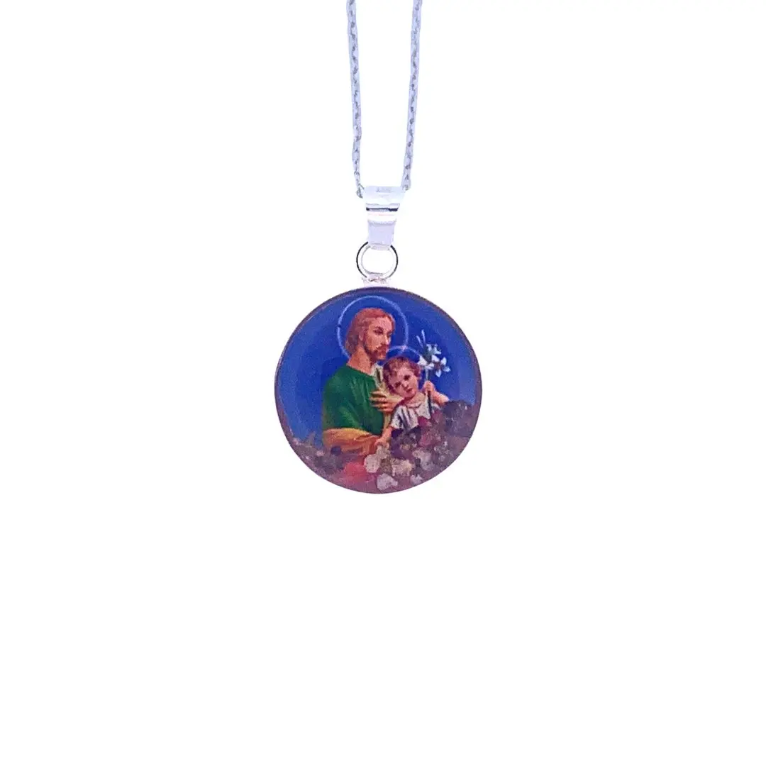 Saint Joseph Small Round Pendant Necklace w/ Pressed Flowers 18-inch