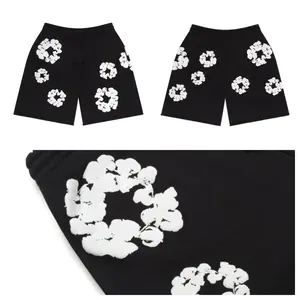 Men's Black Flower Graphic  Shorts Cool Retro Basketball Running Athletic Shorts Drawstring Waist Casual Track Shorts Y2K Style Bubble Fashion Sweatshirt Couple Matching Design