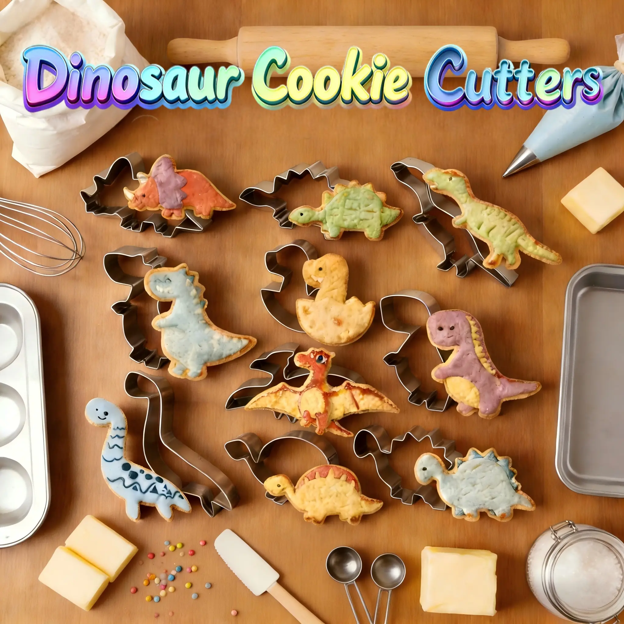 10pcs Dinosaur Cookie Cutter Set, Stainless Steel Baking Molds, Baking Accessories, Cookie Decorating Tools for Chocolate, Fondant, DIY Kitchen Tools for Kids'Dinosaur-Themed Birthday Party Supplies, Dishwasher & Oven Friendly Cookie Cutters