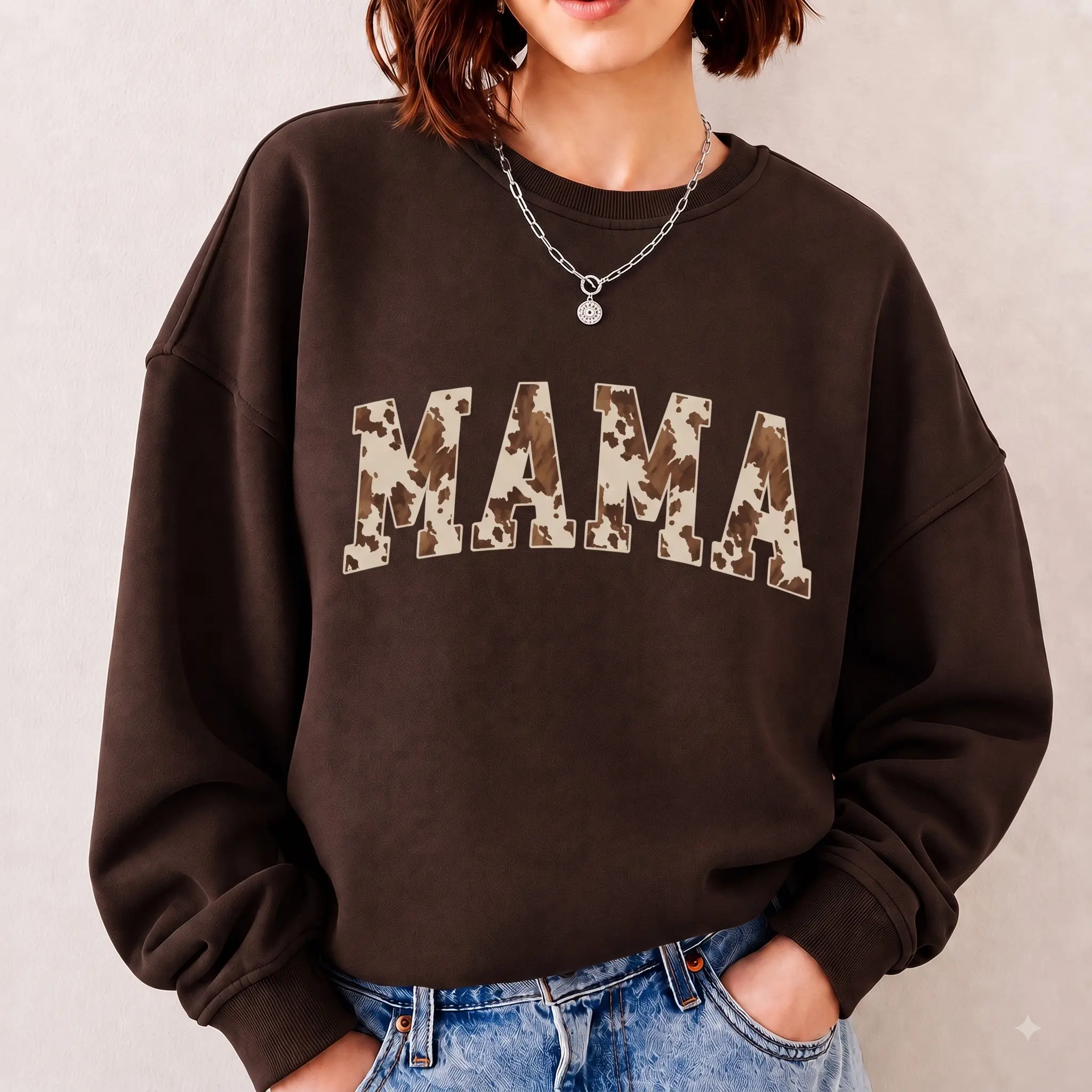 Brown Cow Print Mama Sweatshirt Mama Cowhide Sweater Mama Western Crewneck Mama Christmas Gift Mom Birthday Trendy Mama Shirt Mothers Day Casual Womenswear