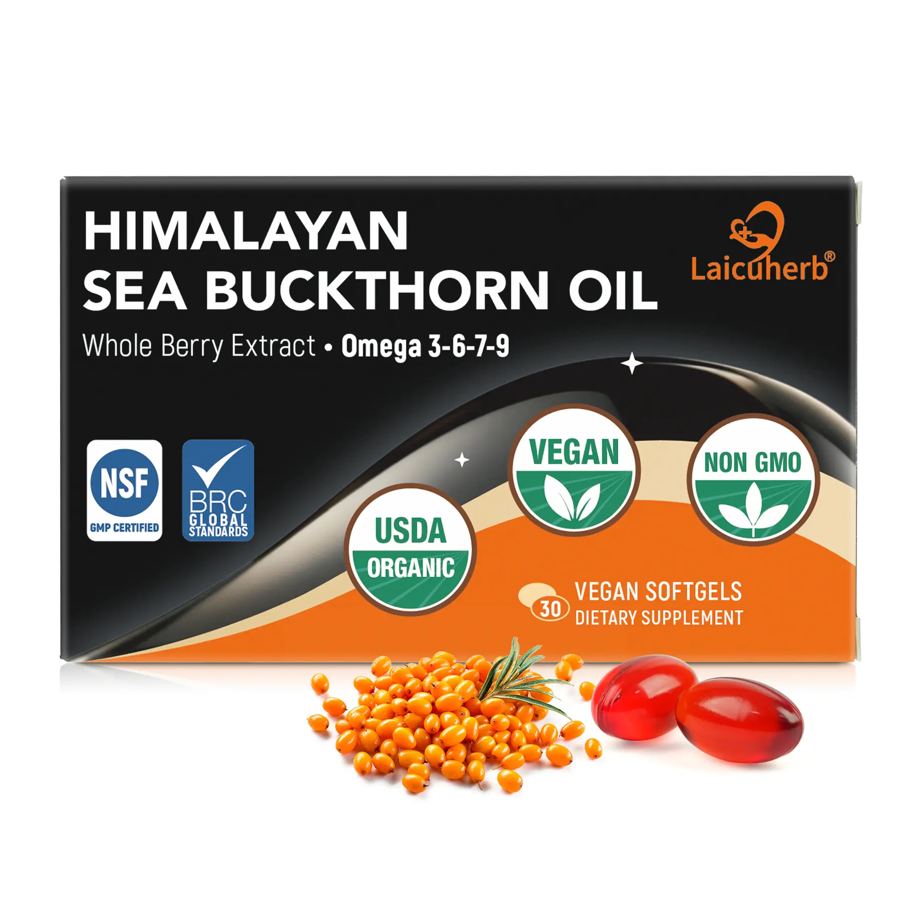 Laicuherb Sea Buckthorn Oil Capsules for Skin Immune & Hair, 1000mg Per Serving Organic Supplement with Omega 7-3-6-9, 30 Softgels for Adult Whole Berry Sea Buckthorn for Dryness, Gluten-Free, USDA