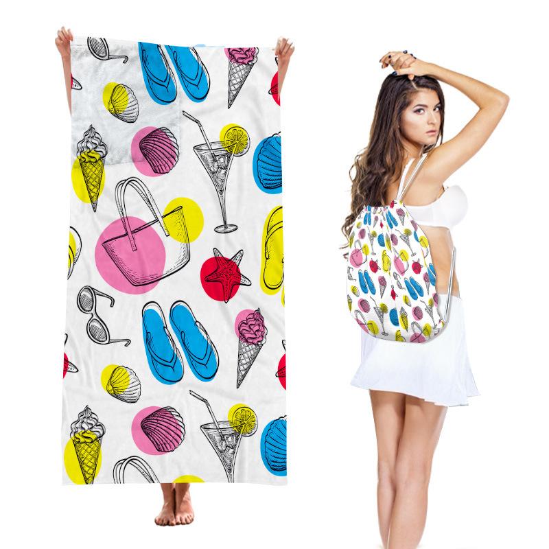 Two-in-One Beach Towel Backpack, Foldable Beach Towel Storage Bag, Microfiber Printed Beach Towel Yarn