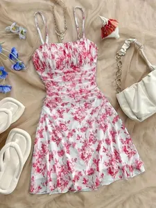 Teenage Girl Floral Print Halter Dress, New Fashion Elegant All-Season Summer, Youthful Style for Spring & Fall
