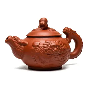 Vintage collectibles Chinese Double Dragons Playing with Pearl Zisha Teapot | Handcarved Red Clay | Auspicious Art，Rare Double Dragon Zisha Teapot | "Good Fortune & Harmony" Design | Timeless Collectible