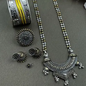 Oxidized Necklace Combo Set - Includes Earrings, adjustable ring, bracelet, and nose hook- Unique Design. (NO REFUND OR EXCHANGE)