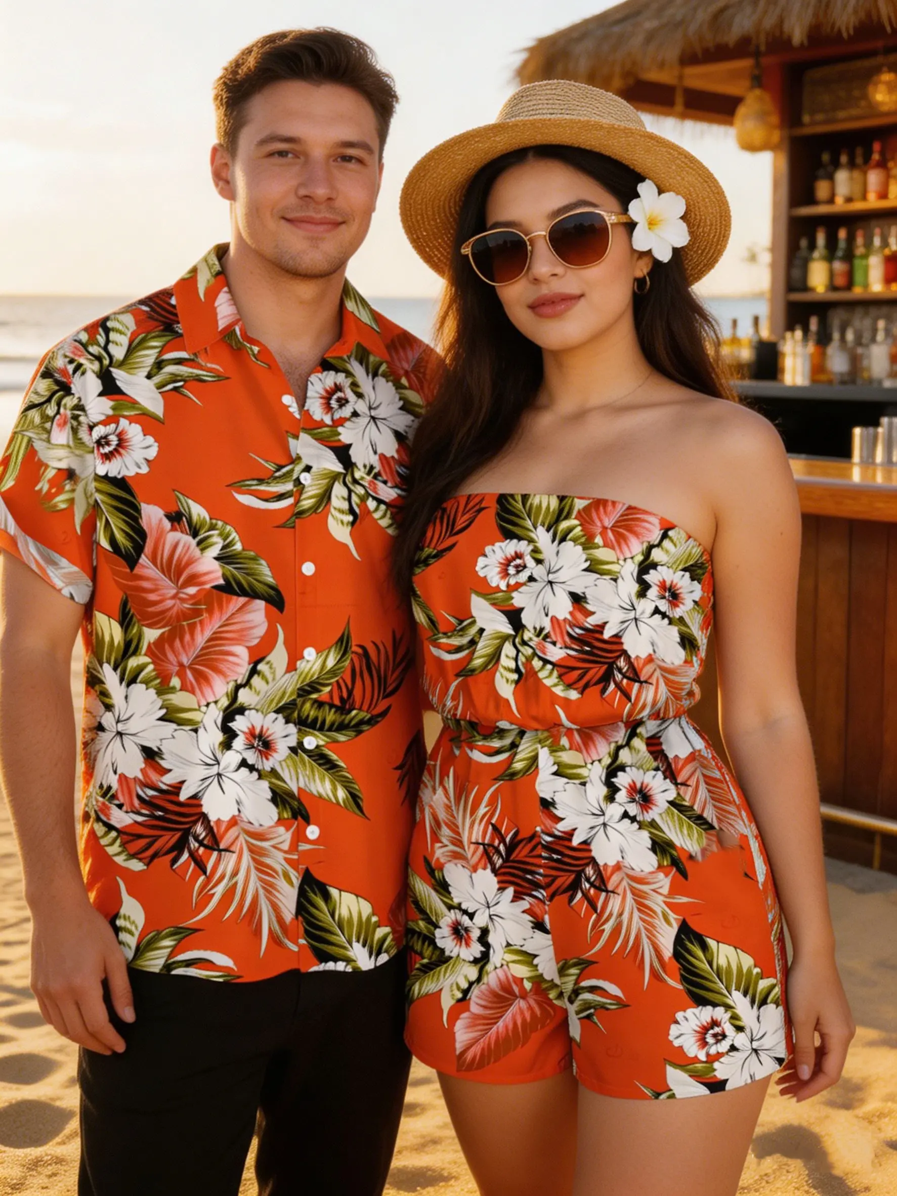 DRESSLILY Matching Sets for Couples, Tropical Floral Polyester Beach Style Sleeveless Off-Shoulder High Waist Romper & Men's Shirt, M