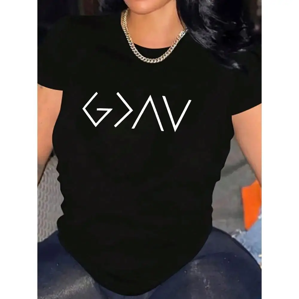 Women's Black Cotton T-Shirt with "God Is Greater Than The Highs & Lows" White Letter Print - Soft Round Neck Short Sleeve Casual Tee for Sports & Cas