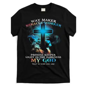 [Retro Christian T-Shirt] Retro Christian Graphic T-Shirt - Way Maker Miracle Worker Jesus Lion Design with Inspirational Scripture Quotes, Black Comfortable Round Neck Short Sleeve Tee for Casual Sportswear & Outdoor Activities, Machine Washable All-Seas