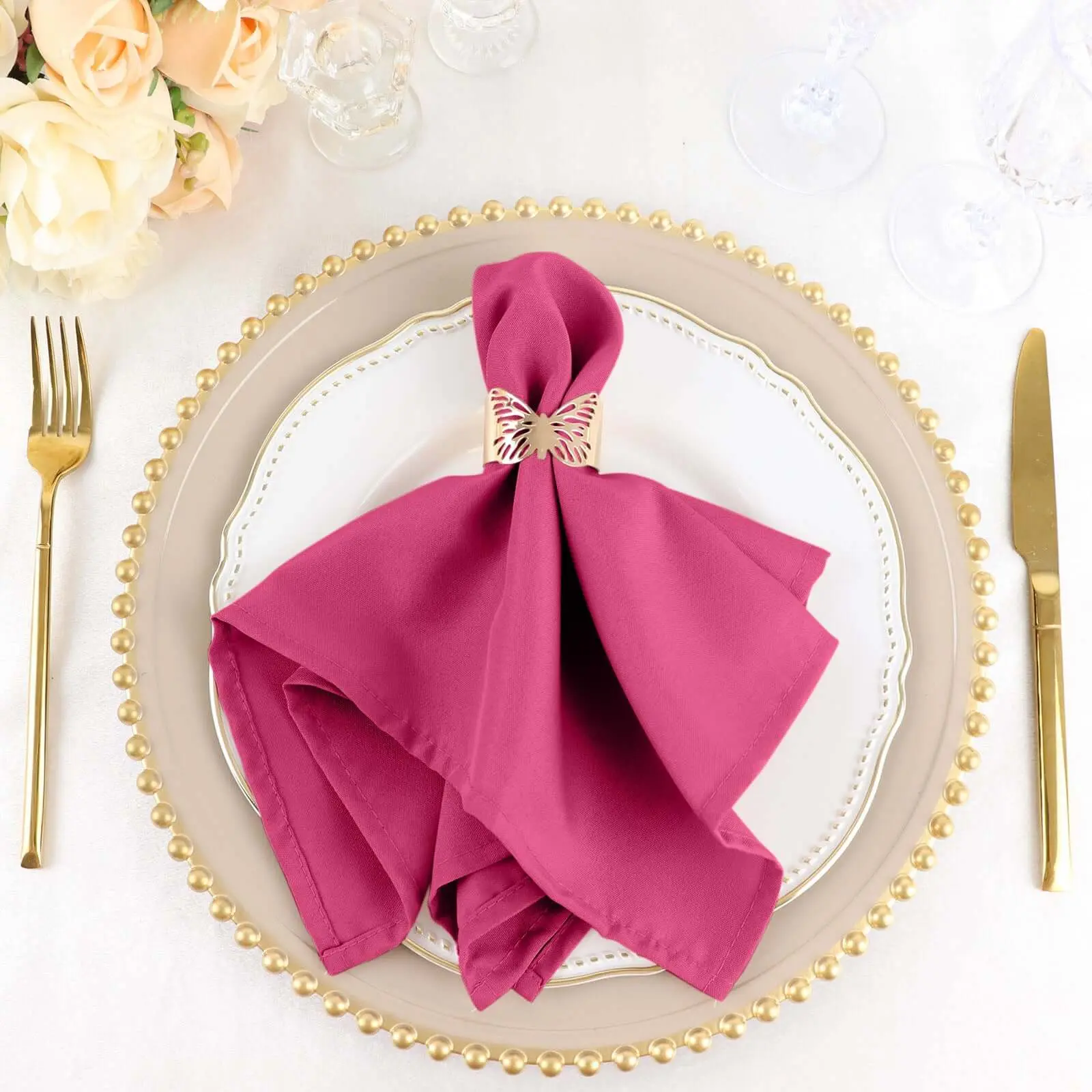 Solid Color Fuchsia Polyester Tableware Dinner Napkins - 5-Pack 17inx17in Square Wrinkle-Resistant Fabric Napkins for Kitchen Dining, Birthday Use
