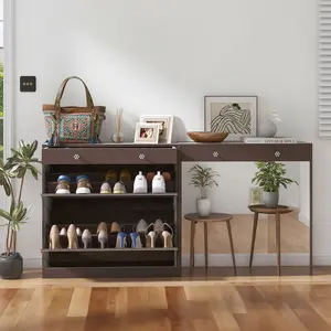 Mirror Shoe Cabinet with 2 Tier Drawers, Mirror Shoe Rack With 1 Drawer Storage, Mirror Shoe Organizer with 2 Layers In a Drawer for Entrance, Entryway, Bedroom,Brown Finish