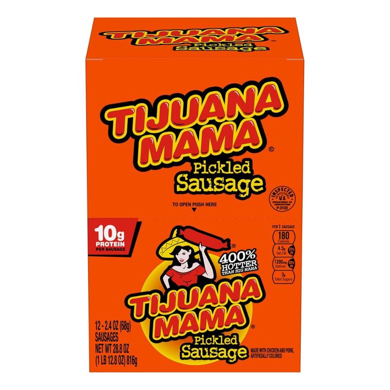 Big Mama Pickled Sausages - 12 Pack, 2.4 oz Each, Chicken & Pork, 120 Calories per Sausage, 1.72 oz Total
