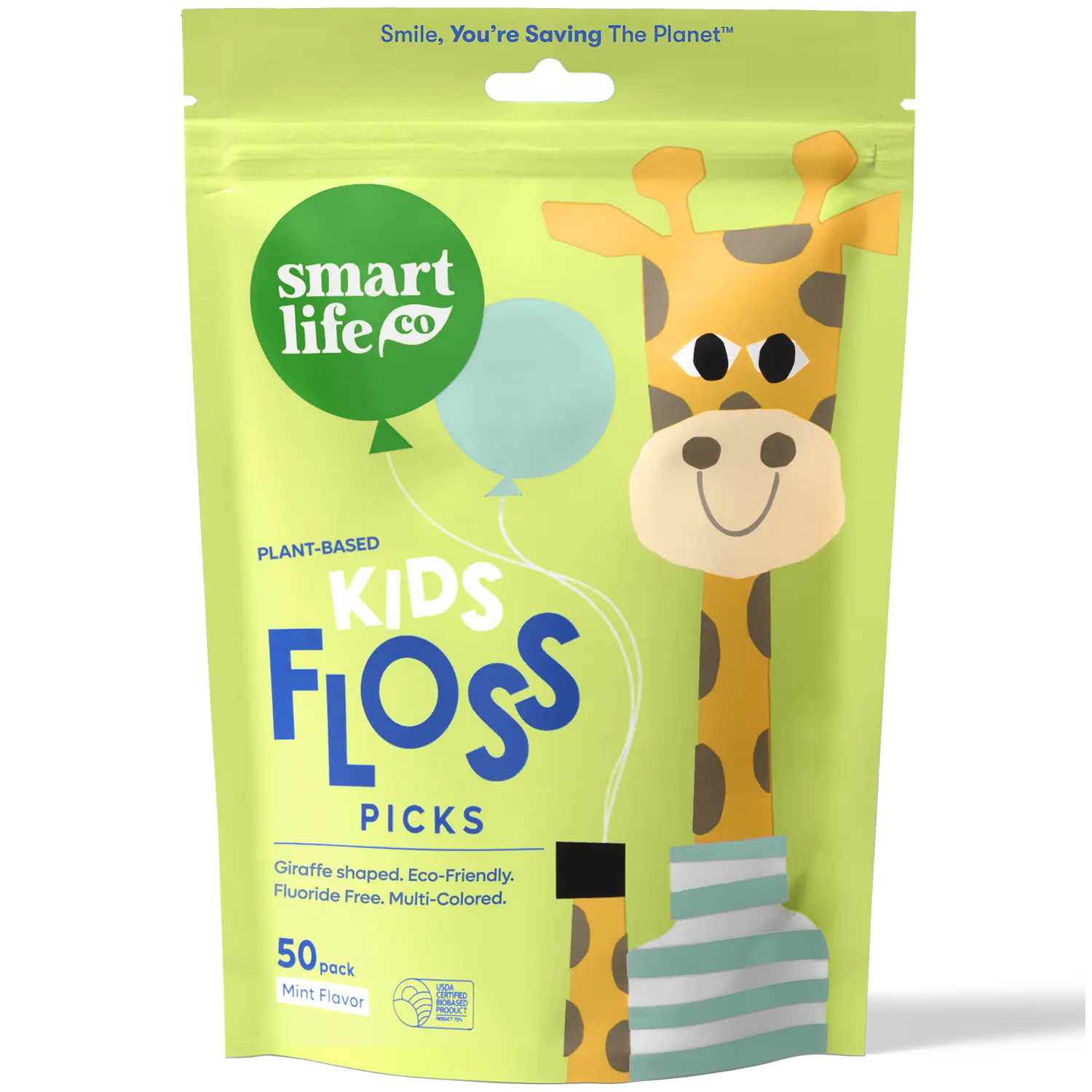 Biodegradable Kids Floss Picks – Giraffe-Shaped Eco-Friendly Flossers, Shred-Resistant, Gentle on Gums, Removes Plaque, Multi-Colored, Mint 50pk