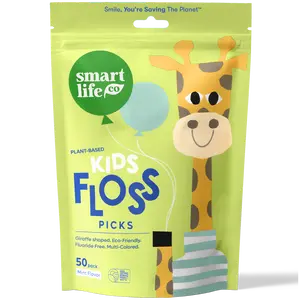 Biodegradable Kids Floss Picks – Giraffe-Shaped Eco-Friendly Flossers, Shred-Resistant, Gentle on Gums, Removes Plaque, Multi-Colored, Mint 50pk