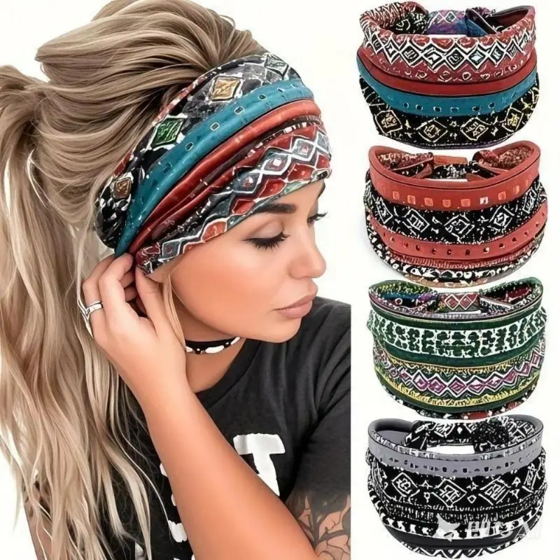 Boho Chic Wide Elastic Gym Headband for Women, 1-Size Ethnic Pattern Accessory, Breathable Non-Slip Chic Headbands for Yoga-Sports, Women's Hair Accessories, Accessories For Women