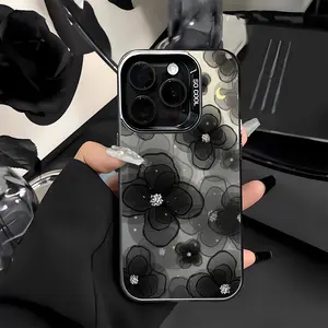 Black Aesthetic Flower Pattern Cellphone Protective Case for iPhone 7 8 X XR XSMAX 11 12 13 14 15 16 17 Pro Max Plus Air 16E Stylish Unique Artistic