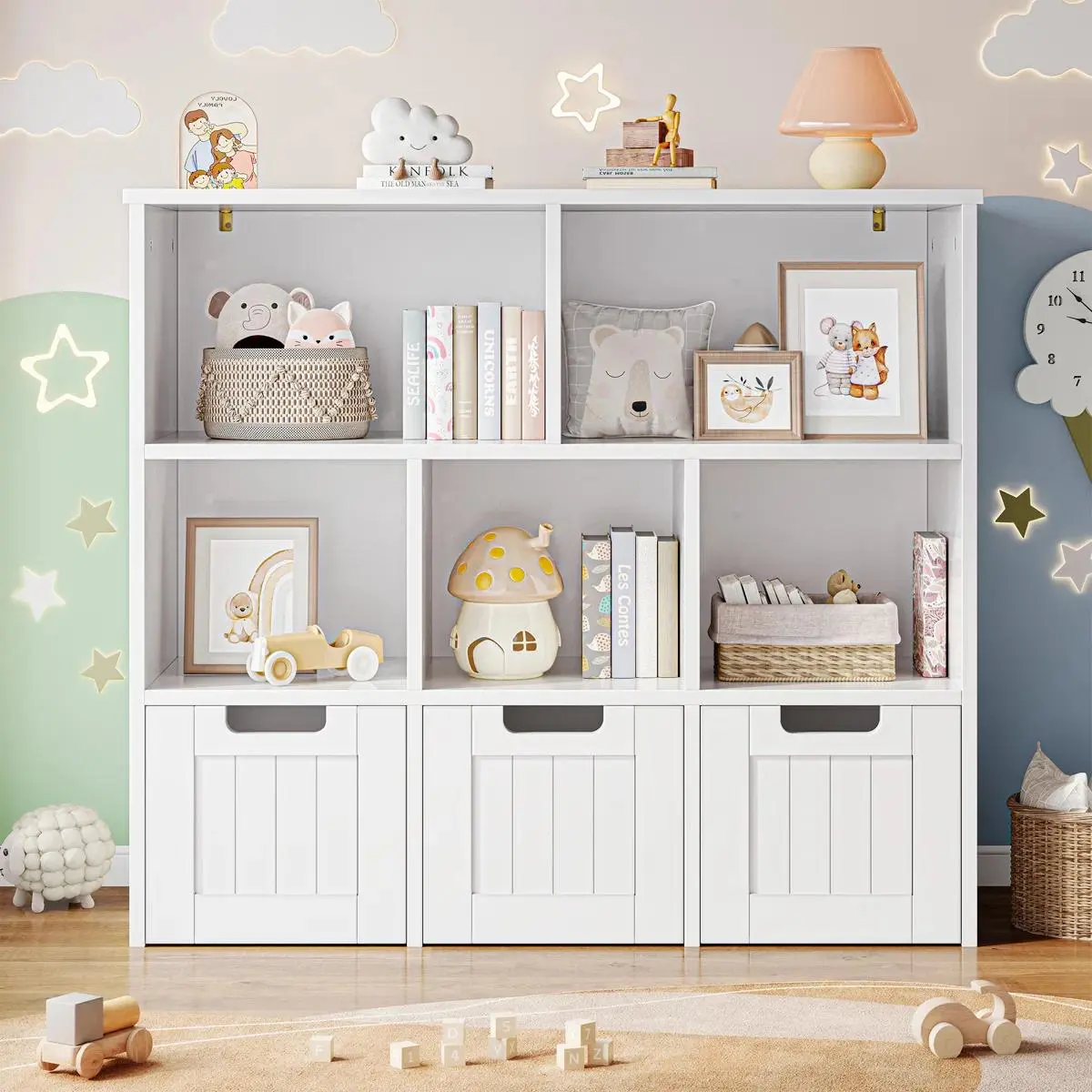 Bookcase with 3 Movable Drawers – Home Office Cube Storage Unit with 5 Open Cubbies – Toy Storage Organizer & Multifunctional Floor Storage Chest