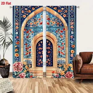 2D Flat Ramadan Decorative Curtain Set 2 Pieces, Ornate Floral Arch Doorway Pattern with Rich Blue Background, Traditional Islamic Persian Art Inspired Curtains, Colorful Red Orange Pink Yellow Flowers for Festival Home Decoration