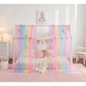 House bed canopy for girls, 2-panel rainbow twin canopy bed curtains with lights, princess sheer canopy scarf for girls’ room decor