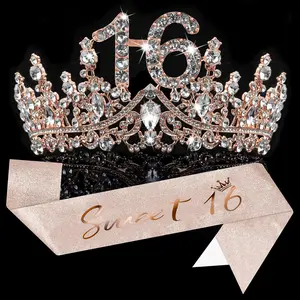 'Sweet 16' Birthday Party Decoration Kit, Includes 1  Glitter Sash and Crown for Women 16th Birthday, 1 Adjustable Pin, Party Supplies for Girls