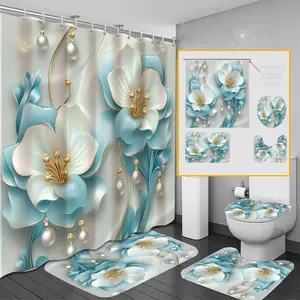 1pc/4pcs blue floral pattern bathroom decoration set, non-slip floor mat, U-shaped carpet, toilet lid cover, perfect for bathroom decoration, partition, beautify the space, free 12 shower curtain hooks, Bathroom Decoration Accessories