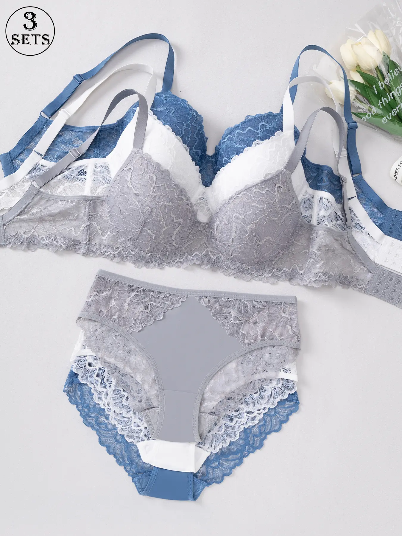 3-piece set women's lingerie set Clothing Solid color light and comfortable and breathable Lace lace patchwork front buckle design Sexy openwork floral elements Suitable for dates, parties and other occasions Underwear Sets Bra Sets