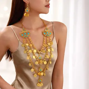 Vintage Coin Tassel Multi-Layer Necklace Earring Set Gold Plated Middle Eastern trendy Jewelry for Wedding Party Holiday Gift Accessories for Women Valentines&birthday Boujee Gifts for gf