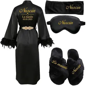 Customized Women's Bathrobe Personalized Name & Date Feather Bride Robe for Bridal Party Gown Add Any Text