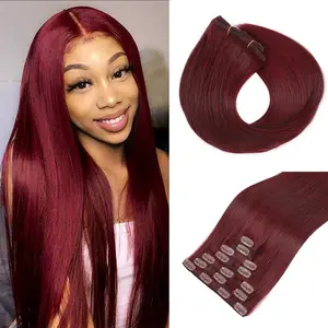 Straight Clip in Hair Extensions Real Human Hair Brazilian Remy Human Hair 16 Clips Double Weft Human Hair For Women Full Head 7 Pcs Per Set ( 99JBurgundy)