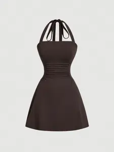 Women's Plain Ruched Tie Backless Halter Dress, Casual Elegant Sleeveless A Line Short Dress for Summer, Ladies Clothes for Party Holiday