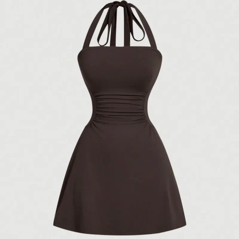 Women's Plain Ruched Tie Backless Dress, Casual Elegant Sleeveless A Line Short Dress for Summer Evening, Ladies Clothes for Party Holiday