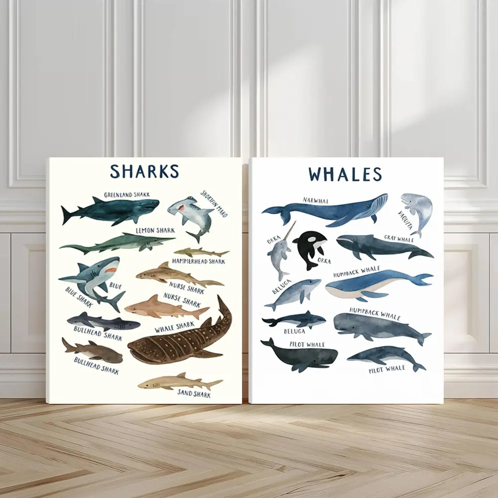 2pcs Sharks Species Wall Art, Whales Variety Poster, Ocean Life Art Prints, Picture Image Prints, Sea Creatures Home Decor, Modern Wall Paintings, Decor for Living Room, Bedroom, Housewarming Gift, Wooden Wall Art, Decoration Items