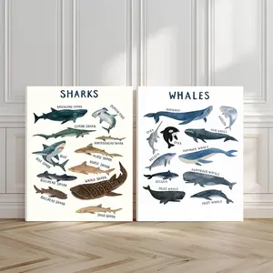 2pcs Sharks Species Wall Art, Whales Variety Poster, Ocean Life Art Prints, Sea Creatures Home Decor, Modern Wall Paintings, Minimalist Canvas Posters Wall Arts, Decor for Living Room, Restaurant, Kitchen, Bedroom, Housewarming Gift, Wooden Wall Art