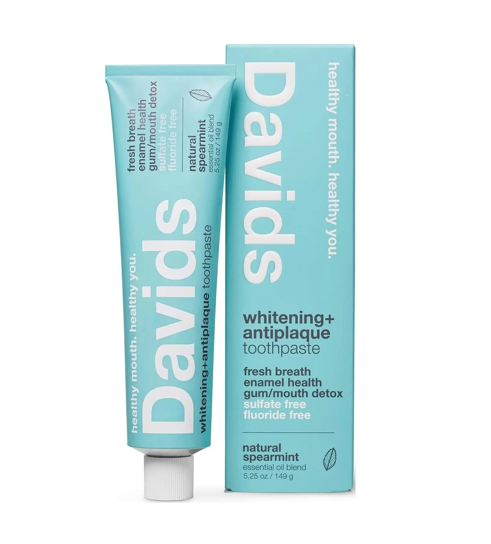 Davids Fluoride Free Toothpaste Teeth Whitening SLS Free Spearmint 5.25oz | Antiplaque Protection, Promotes Enamel Health, Supports Mouth & Gum Detox, EWG Verified, Peppermint Toothpaste