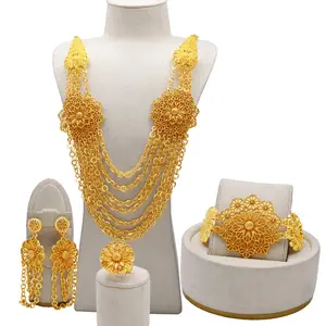 Gold Plated Stylish & Bold Flower Necklace Earrings Ring Bracelet Set Dubai Style Bridal Wedding Jewelry Chains