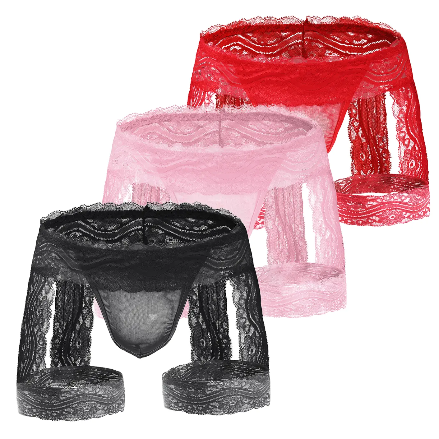 Bleso Men's Soft Lace G-String Underwear, Sissy Ruffled Thong with Adjustable Mini Skirt Trim, Menswear