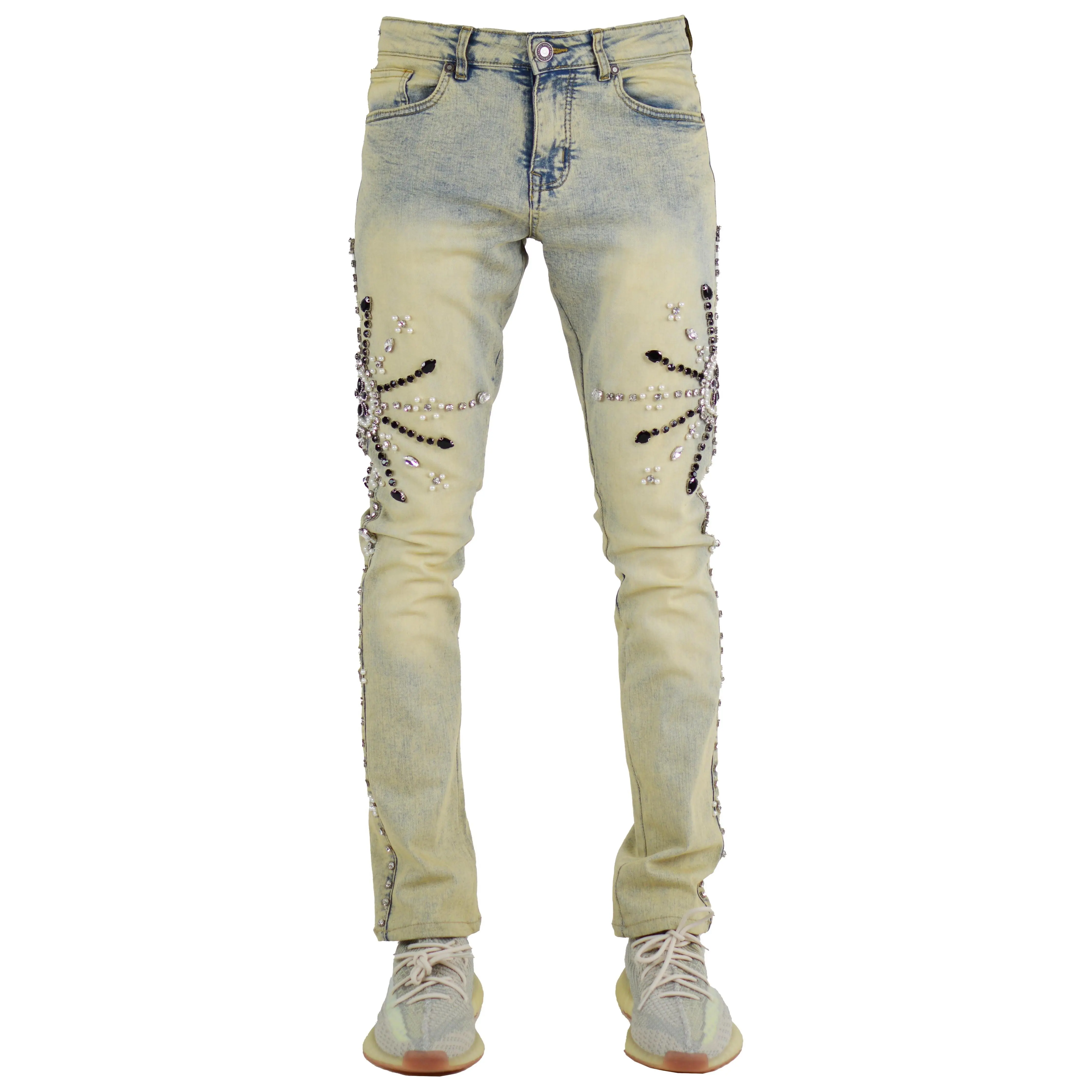 Men's "Starburst" Handmade Denim Jeans - Vintage Fitted Mid-Waist Y2K-Style Below-Ankle, Cotton-Spandex Menswear with Hand-Applied Crystals & Embellishments, Funky Vintage Men's Jeans