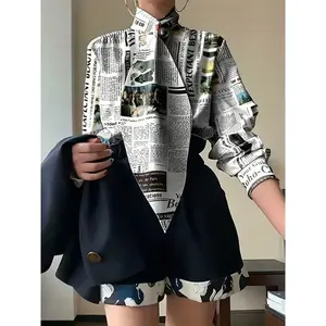 Chic Polyester Newspaper Print Blouse - Elegant Long Sleeve Office Top with Stand Collar, Available in S to 2XL Shirts Womenswear Winter Comfort Casual Fabric